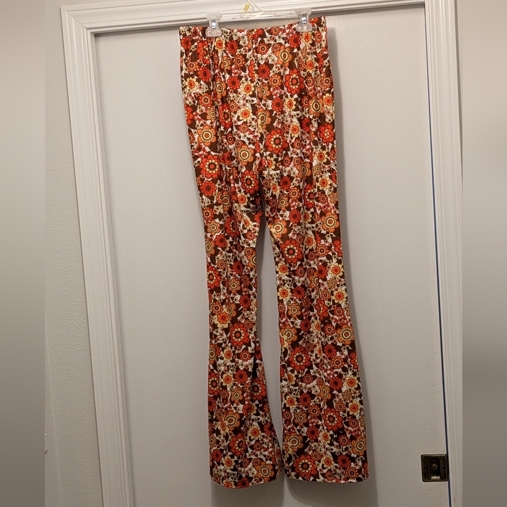Orange and brown floral flare stretch pants Size XL